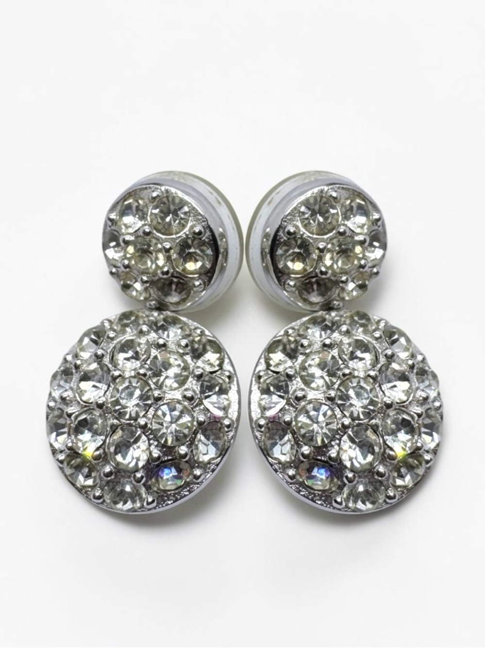 Dior Signed Vintage Silver Crystal Double Circle Drop Earrings w/ 14K Gold Posts